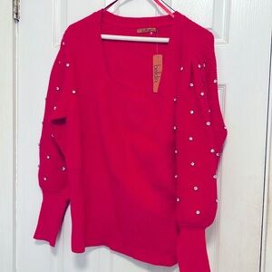 Nwt Belldini Square Neck Sweater With Rhinestone Detail Puff Sleeves Size 2X